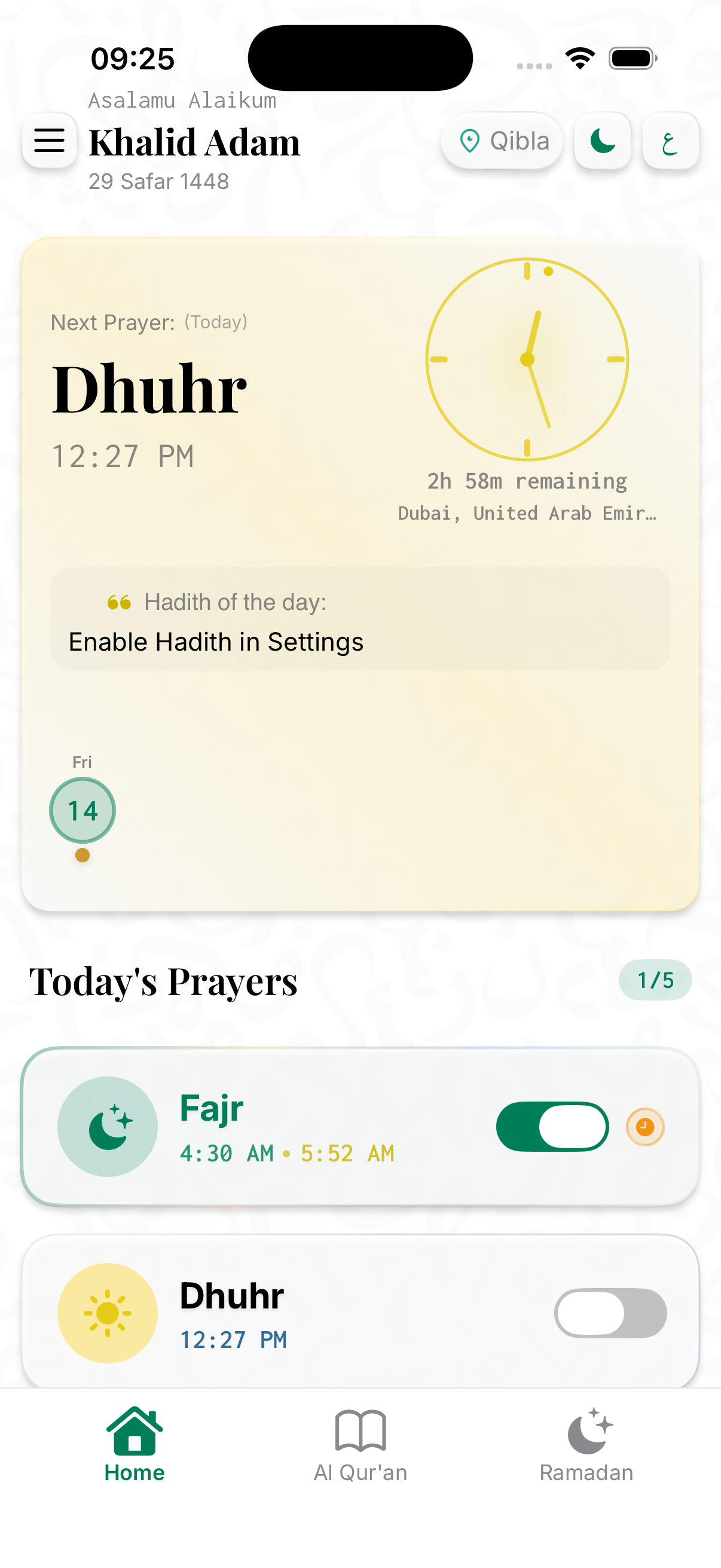 Khamsa app home screen showing today's five prayers
